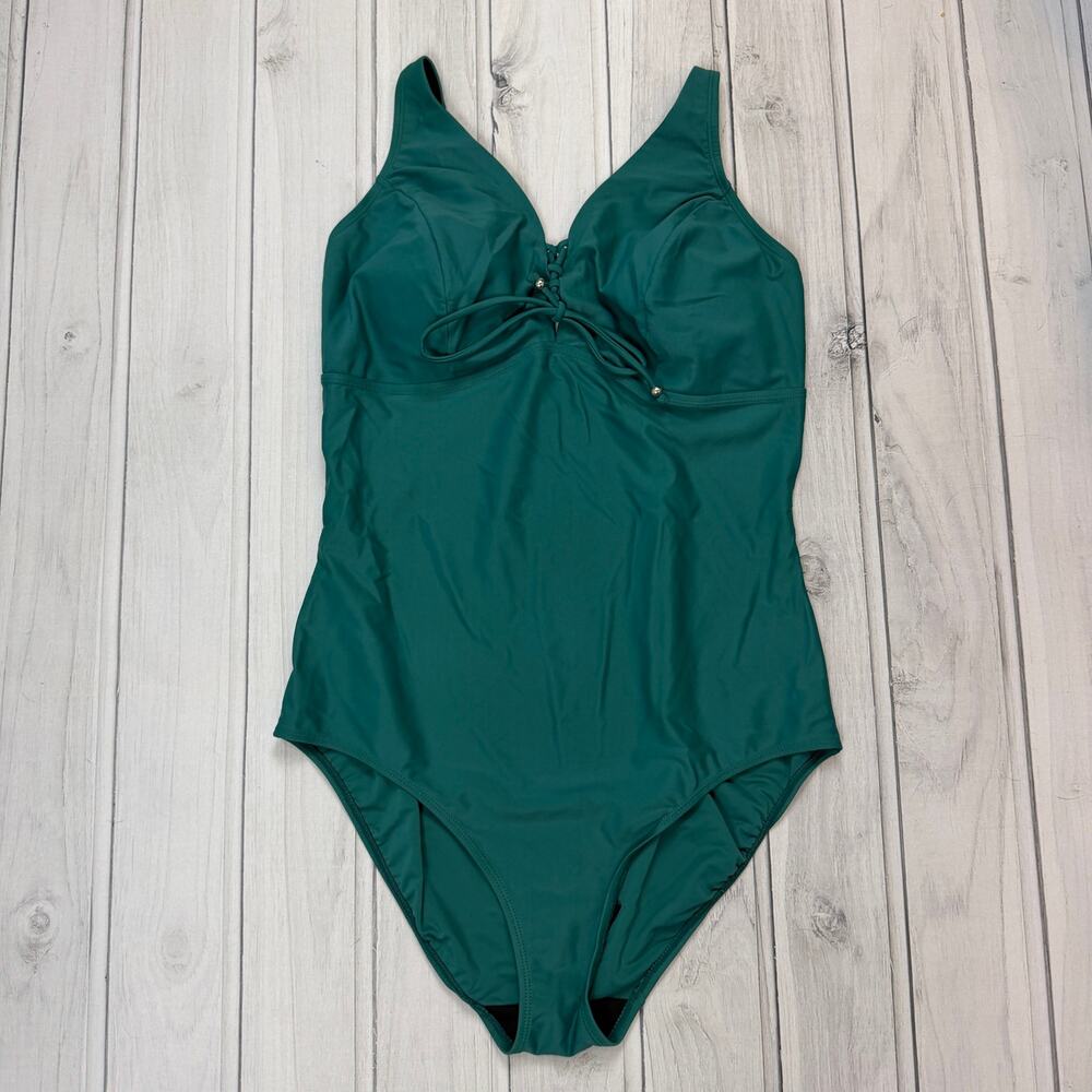 Green One Piece Swimsuit Lace Up Front Adjustable Strap Minimalist